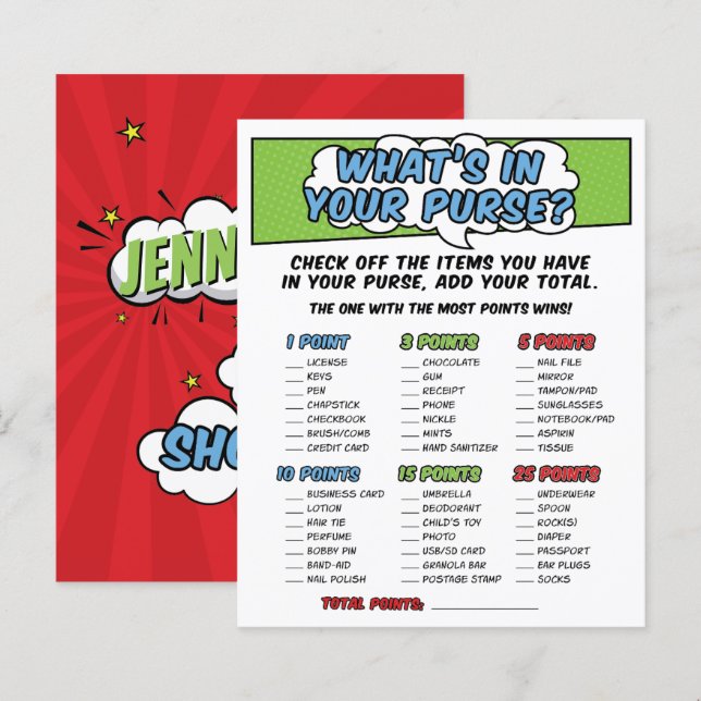 Boy Comic Book Superhero Baby Shower Purse Game (Front/Back)