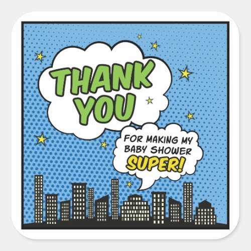 Boy Comic Book Superhero Baby Shower Thank You Square Sticker