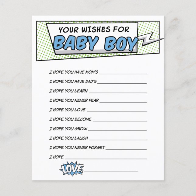 Boy Comic Book Superhero Shower Wishes for Baby (Front)