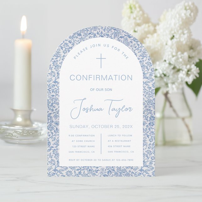 Boy Confirmation Arch Blue Floral Vintage Pattern Invitation (Creator Uploaded)