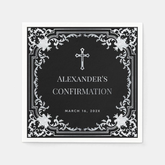 Boy Confirmation Black Elegant Vintage Faux Silver Napkins (Front)