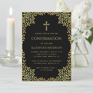 Boy Confirmation Black Faux Gold Leaves Religious Invitation