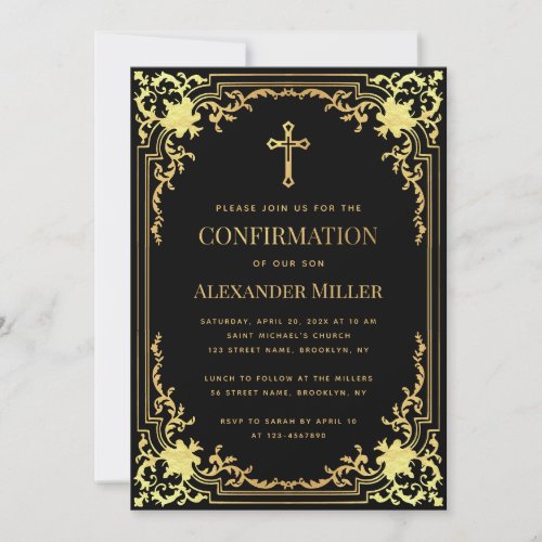Boy Confirmation Black Faux Gold Vintage Elegant  Invitation