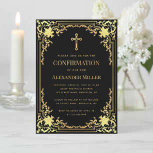 Boy Confirmation Black Faux Gold Vintage Elegant Invitation