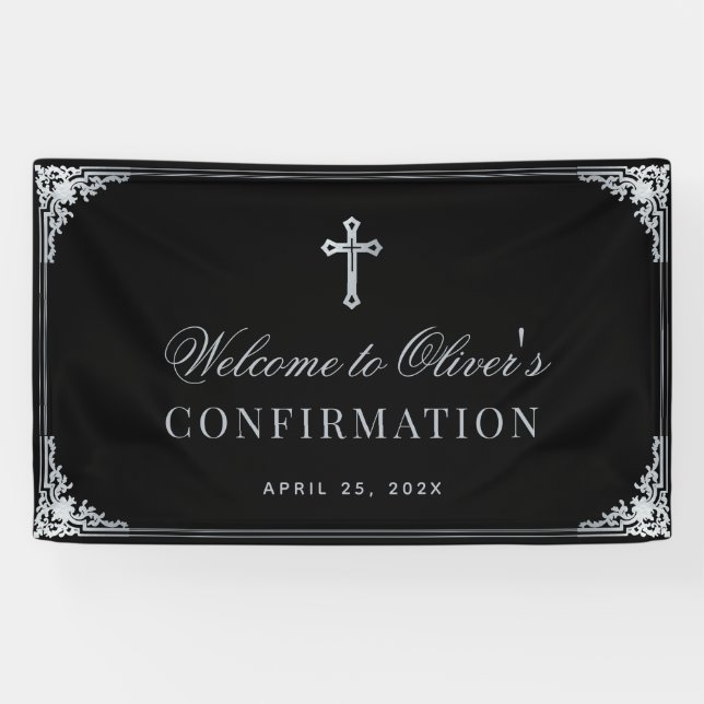 Boy Confirmation Black Vintage Elegant Calligraphy Banner (Horizontal)
