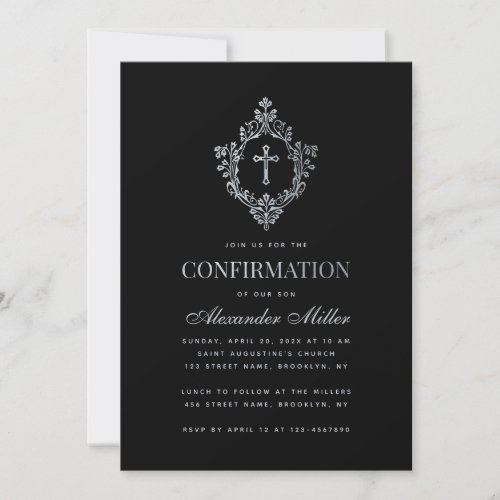 Boy Confirmation Black Vintage Faux Silver Crest Invitation