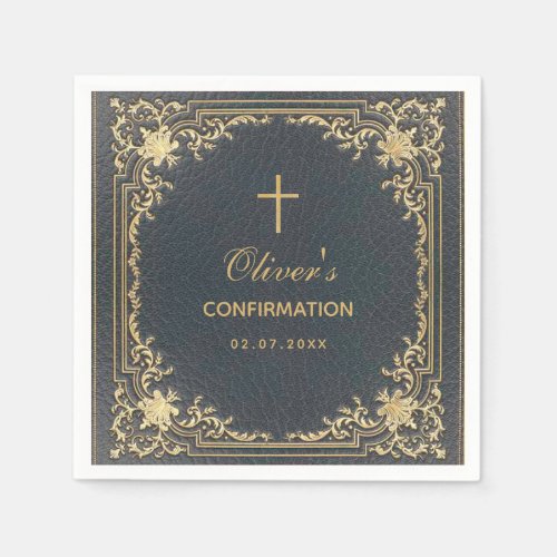 Boy Confirmation Blue Elegant Vintage Calligraphy Napkins