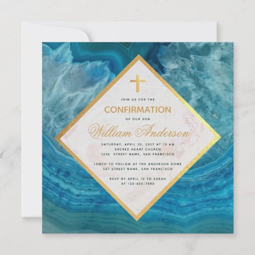 Boy Confirmation Blue Geode Marble Faux Gold Cross Invitation
