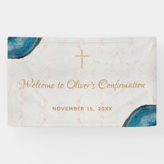 Boy Confirmation Blue Geode Script Marble Welcome Banner (Horizontal)