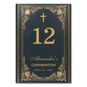 Boy Confirmation Blue Gold Cross Elegant Vintage Table Number