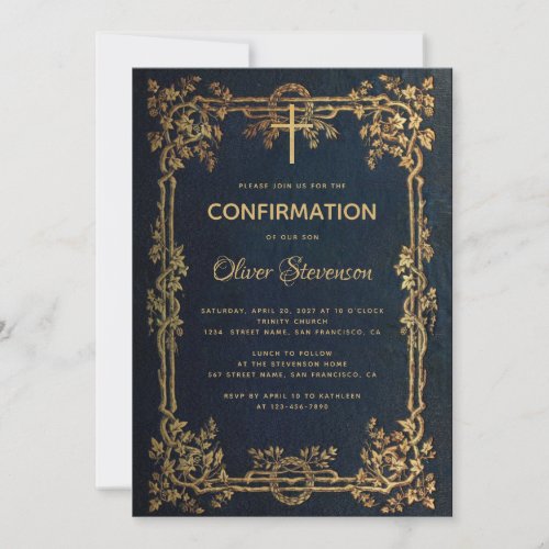 Boy Confirmation Blue Gold Leaves  Cross Vintage Invitation