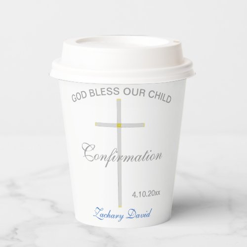 Boy Confirmation Blue Name Silver Gold Cross Paper Cups