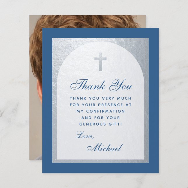 Boy Confirmation Blue Silver Budget Thank You Card (Front/Back)