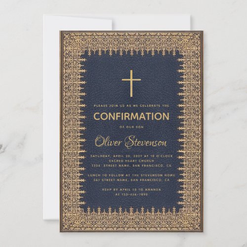 Boy Confirmation Blue Vintage Frame Gold Cross Invitation