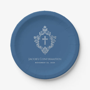 Boy Confirmation Classic Blue Vintage Cross Crest  Paper Plates
