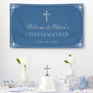 Boy Confirmation Classic Blue Vintage Faux Silver Banner