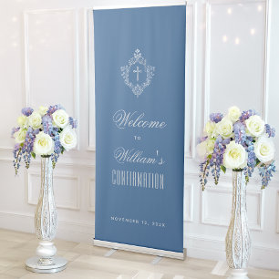 Boy Confirmation Classic Blue Welcome Cross Crest Retractable Banner