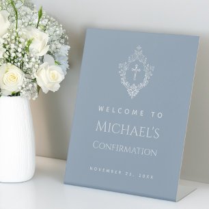 Boy Confirmation Dusty Blue Elegant Cross in Crest Pedestal Sign