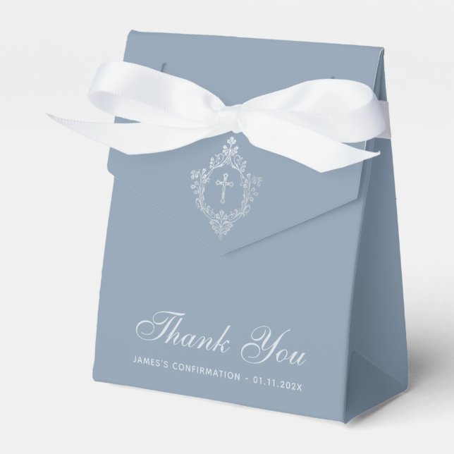 Boy Confirmation Dusty Blue Elegant Silver Crest  Favor Boxes (Front Side)