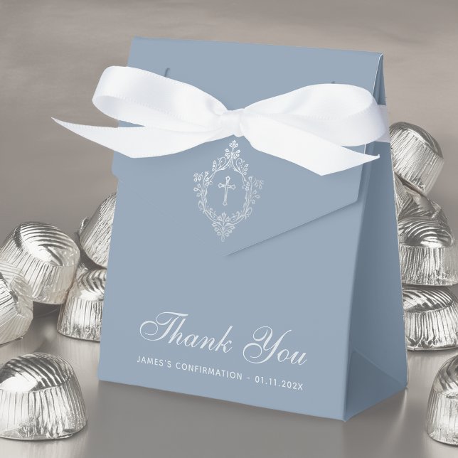 Boy Confirmation Dusty Blue Elegant Silver Crest  Favor Boxes (Creator Uploaded)