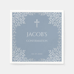 Boy Confirmation Dusty Blue Elegant Silver Leaves Napkins