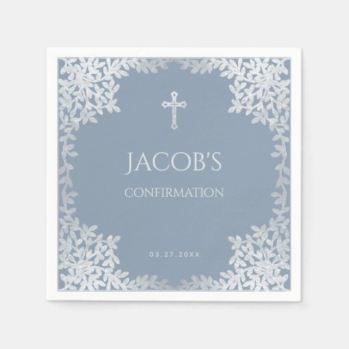 Boy Confirmation Dusty Blue Elegant Silver Leaves