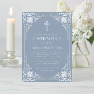 Boy Confirmation Dusty Blue Faux Silver Religious Invitation
