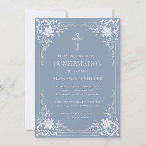 Boy Confirmation Dusty Blue Faux Silver Religious Invitation