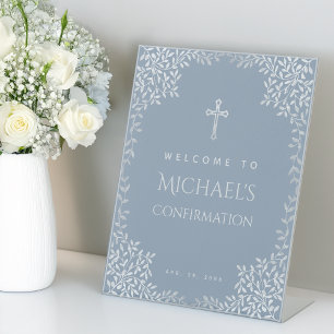 Boy Confirmation Dusty Blue Religious Cross Leaves Pedestal Sign