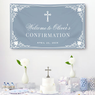 Boy Confirmation Dusty Blue Vintage White Script Banner