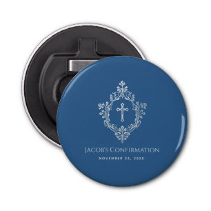 Boy Confirmation Favors Classic Blue Vintage Crest Bottle Opener