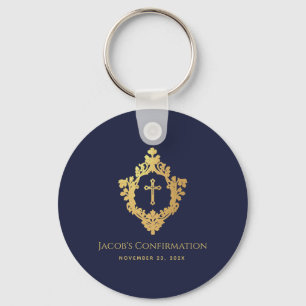 Boy Confirmation Favors Navy Blue Faux Gold Crest Keychain