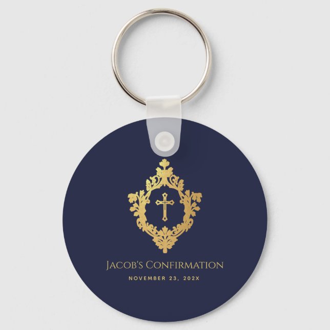 Boy Confirmation Favors Navy Blue Faux Gold Crest Keychain (Front)