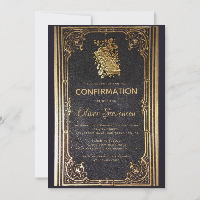 Boy Confirmation Gold Cross & Book Elegant Vintage Invitation (Front)