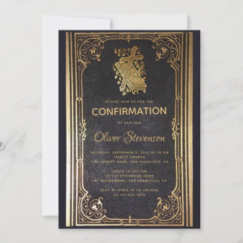 Boy Confirmation Gold Cross  Book Elegant Vintage Invitation