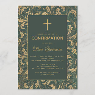 Boy Confirmation Gold Cross Green Vintage Thistle Invitation