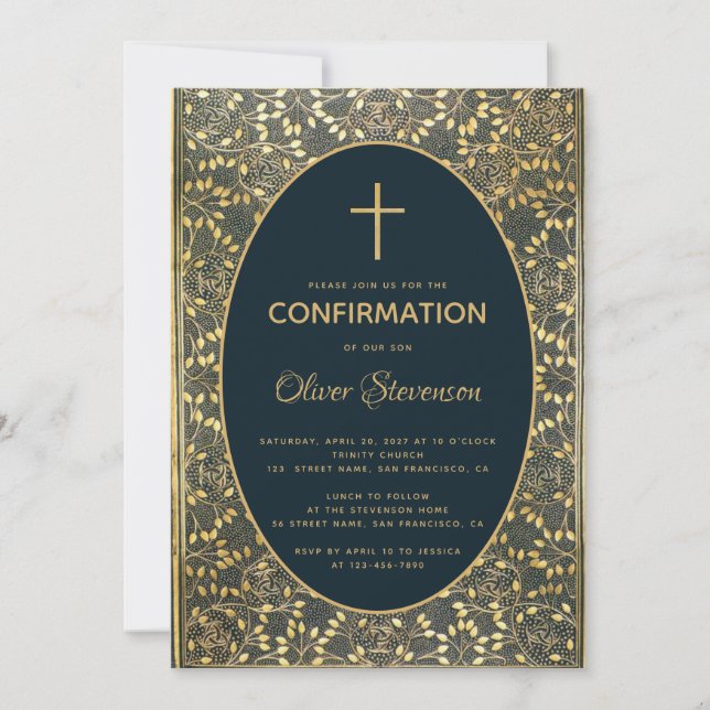 Boy Confirmation Gold Leaves Cross Elegant Blue Invitation (Front)