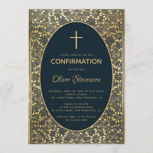 Boy Confirmation Gold Leaves Cross Elegant Blue Invitation