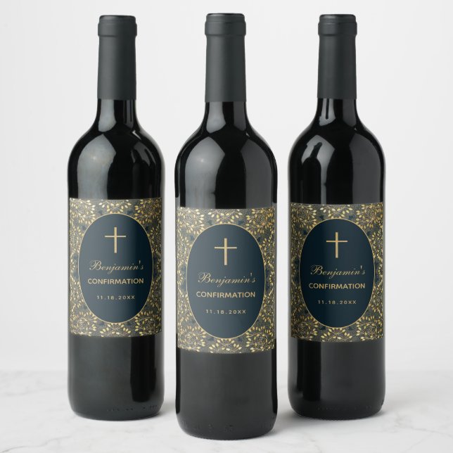 Boy Confirmation Gold Leaves Cross Elegant Blue Wine Label (Bottles)