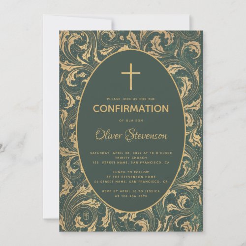 Boy Confirmation Gold Thistle Cross Elegant Green Invitation