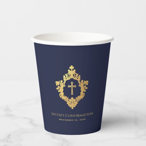 Boy Confirmation Navy Blue Crest Cross Faux Gold
