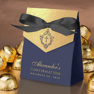 Boy Confirmation Navy Blue Crest Faux Gold Elegant Favor Boxes
