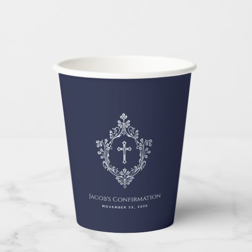 Boy Confirmation Navy Blue Cross in Crest Vintage  Paper Cups