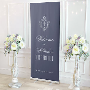 Boy Confirmation Navy Blue Cross in Crest Welcome Retractable Banner