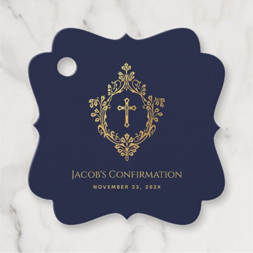 Boy Confirmation Navy Blue Faux Gold Cross Crest Favor Tags