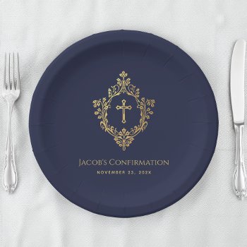 Boy Confirmation Navy Blue Faux Gold Cross Crest Paper Plates by RetroVintageStore at Zazzle