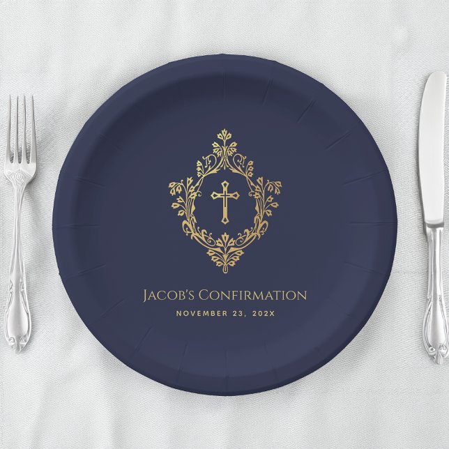 Boy Confirmation Navy Blue Faux Gold Cross Crest Paper Plates (Creator Uploaded)