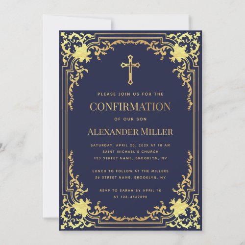 Boy Confirmation Navy Blue Faux Gold Cross Vintage Invitation