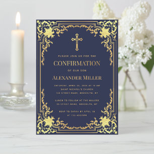 Boy Confirmation Navy Blue Faux Gold Cross Vintage Invitation