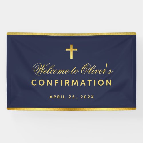Boy Confirmation Navy Blue Faux Gold Cross Welcome Banner